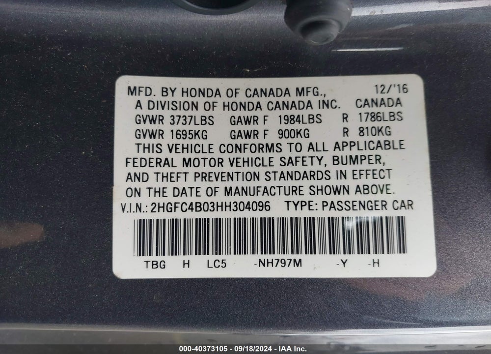 2017 HONDA CIVIC LX-P VIN: 2HGFC4B03HH304096
