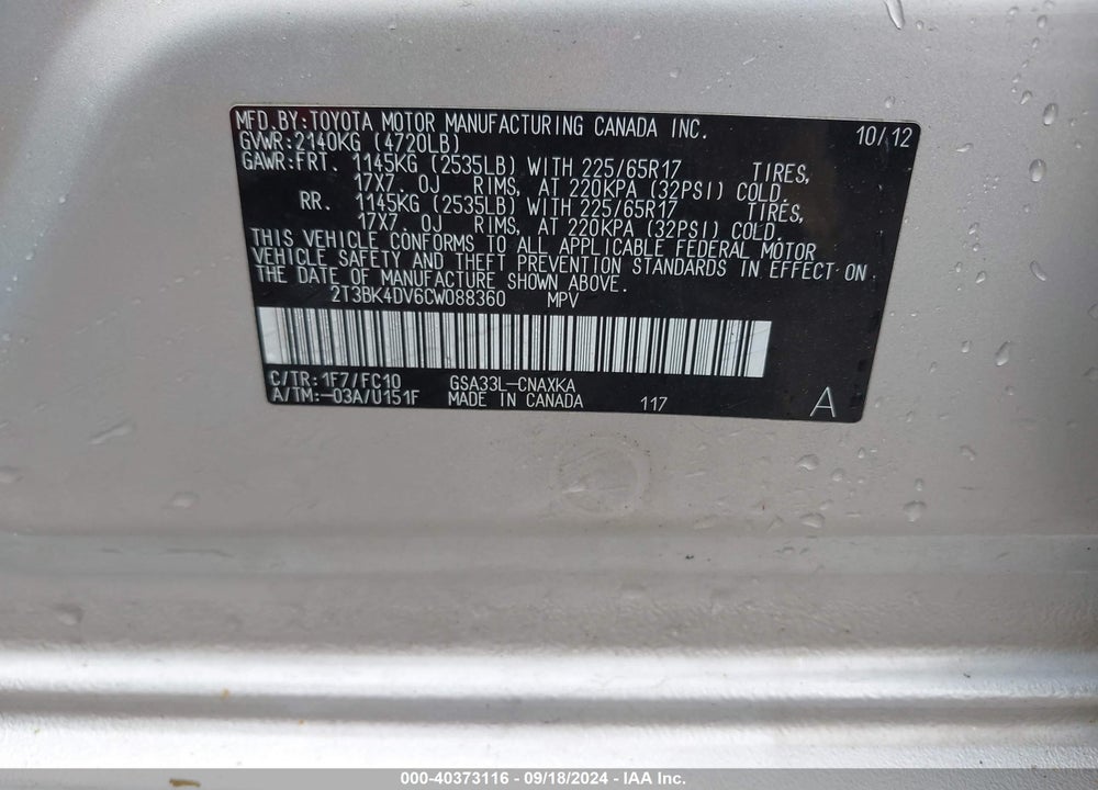2012 TOYOTA RAV4 BASE V6 VIN: 2T3BK4DV6CW088360