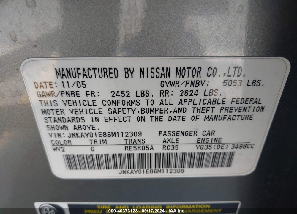 2006 INFINITI M35 VIN: JNKAY01E86M112309