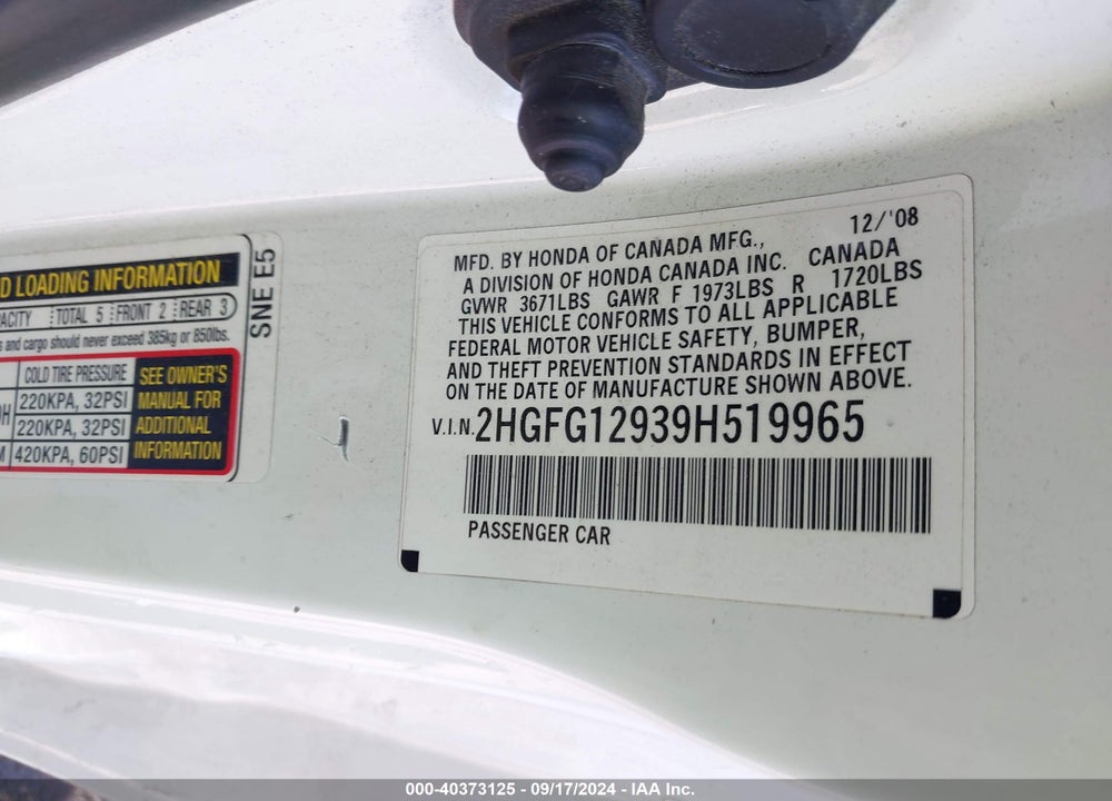 2009 HONDA CIVIC EX-L VIN: 2HGFG12939H519965