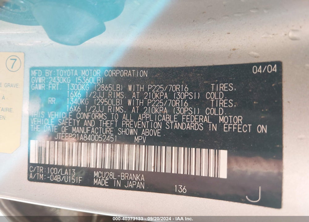 2004 TOYOTA HIGHLANDER V6 VIN: JTEEP21A840052451