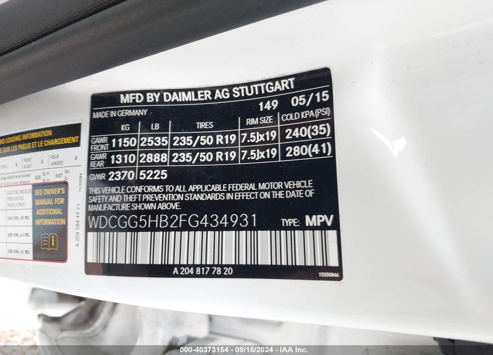 2015 MERCEDES-BENZ GLK 350 VIN: WDCGG5HB2FG434931