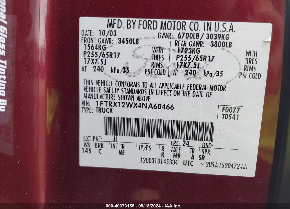2004 FORD F-150 STX/XL/XLT VIN: 1FTRX12WX4NA60466