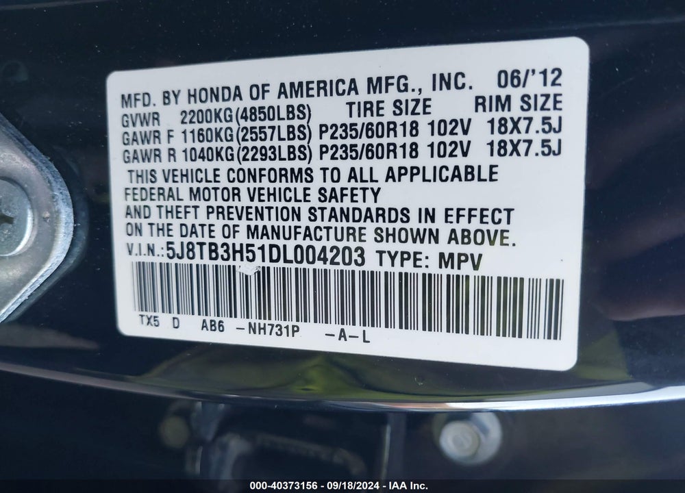 2013 ACURA RDX VIN: 5J8TB3H51DL004203