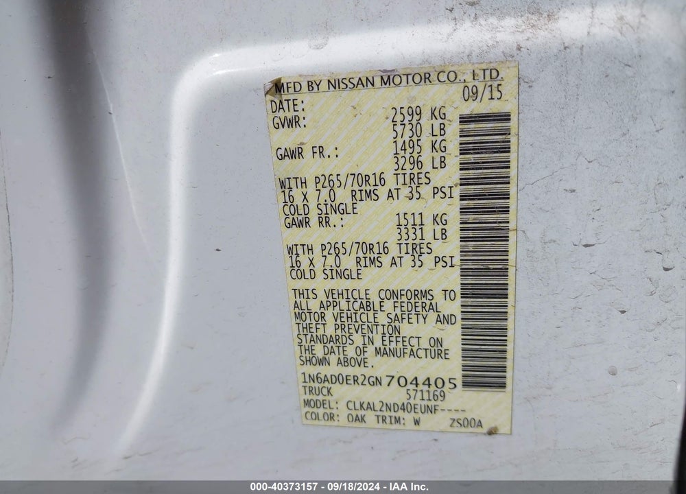 2016 NISSAN FRONTIER SV VIN: 1N6AD0ER2GN704405