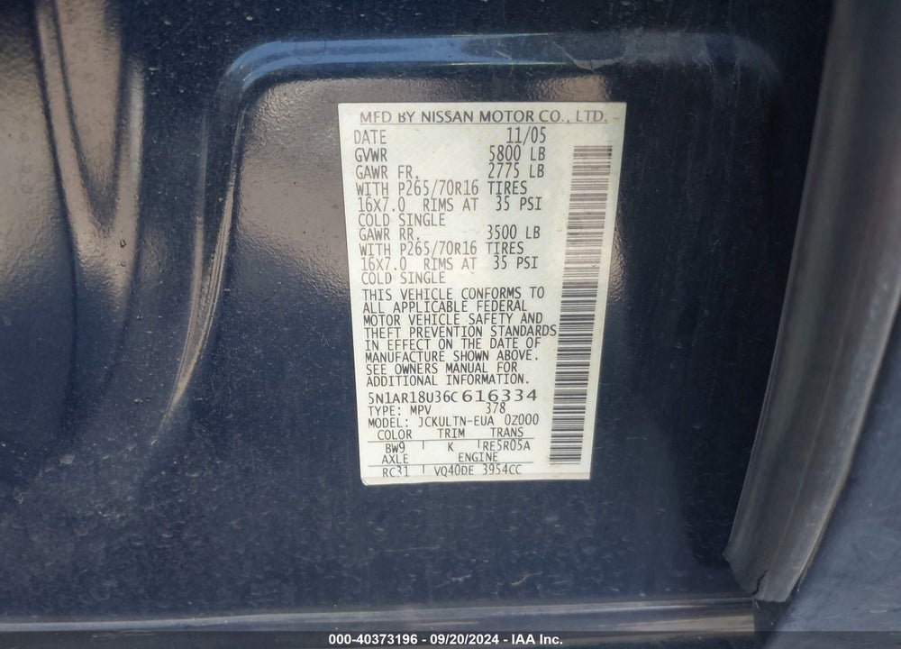 2006 NISSAN PATHFINDER SE VIN: 5N1AR18U36C616334