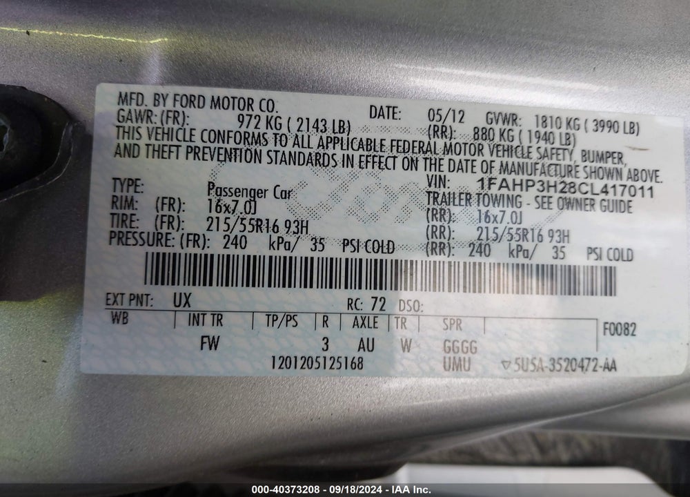 2012 FORD FOCUS SEL VIN: 1FAHP3H28CL417011