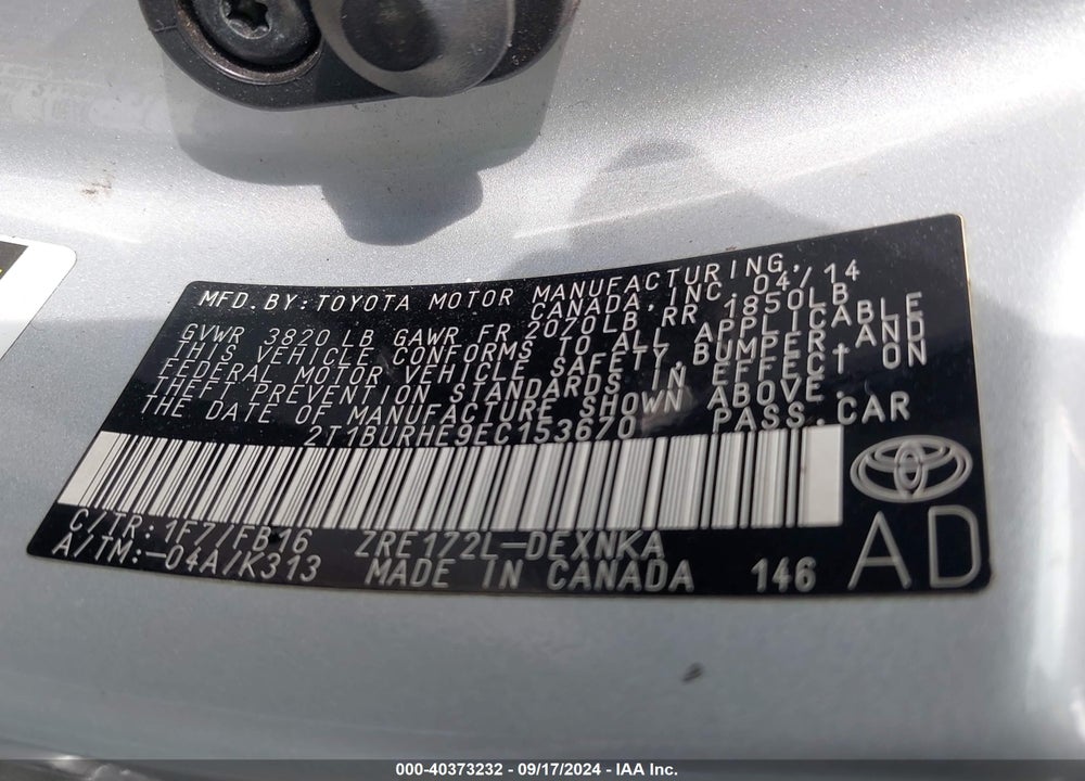 2014 TOYOTA COROLLA LE PLUS VIN: 2T1BURHE9EC153670