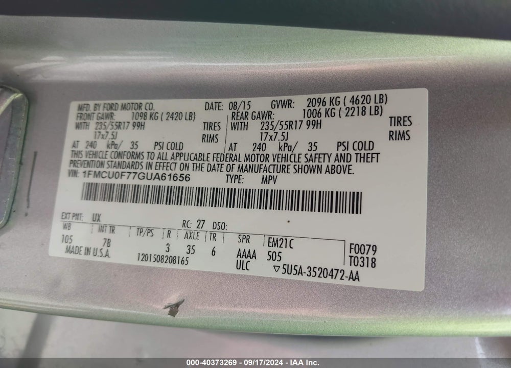 2016 FORD ESCAPE S VIN: 1FMCU0F77GUA61656