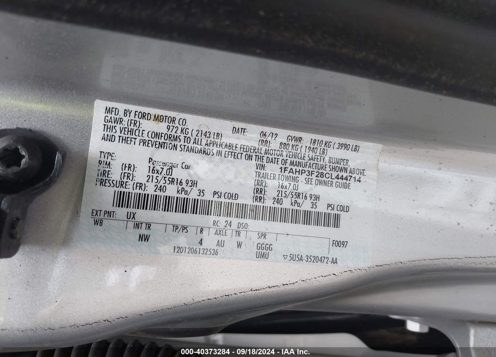 2012 FORD FOCUS SE VIN: 1FAHP3F28CL444714