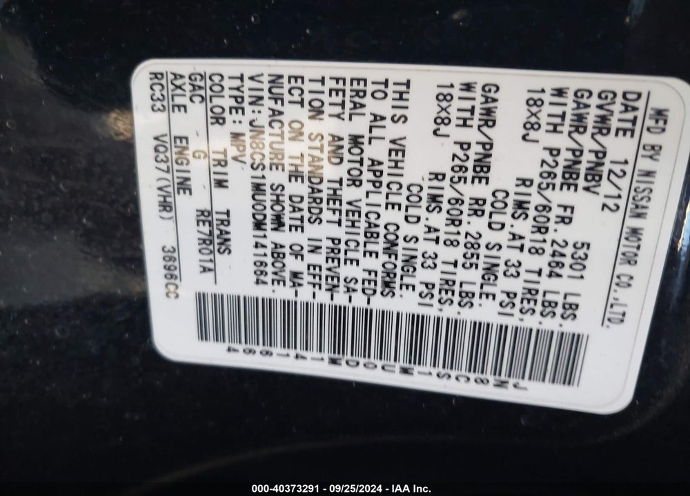 2013 INFINITI FX37 VIN: JN8CS1MU0DM141664