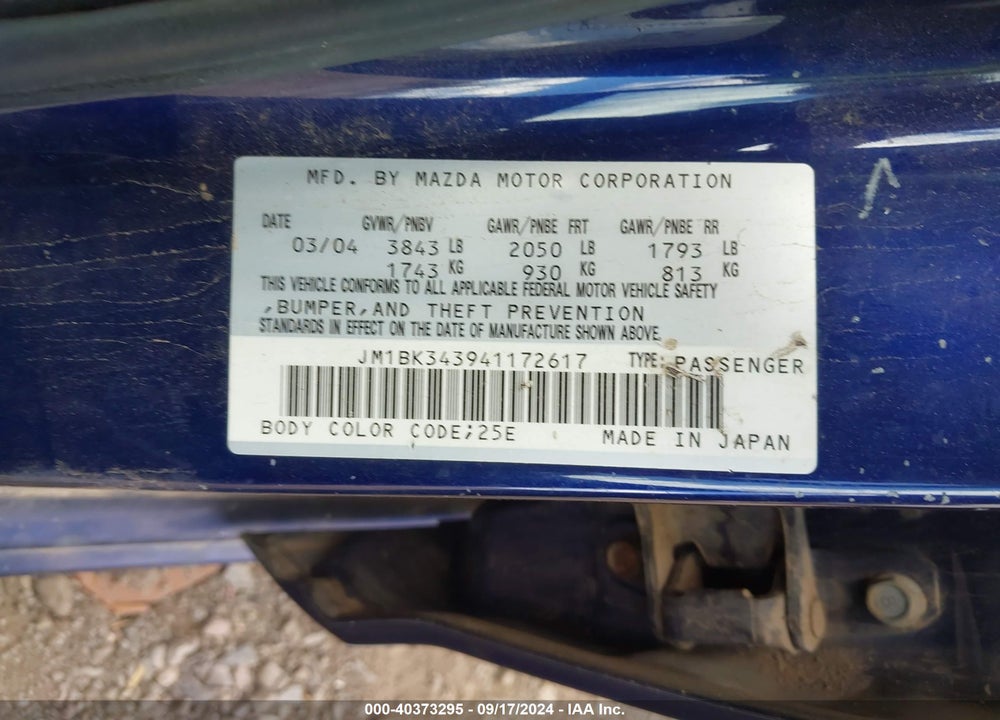 2004 MAZDA 3 S VIN: JM1BK343941172617