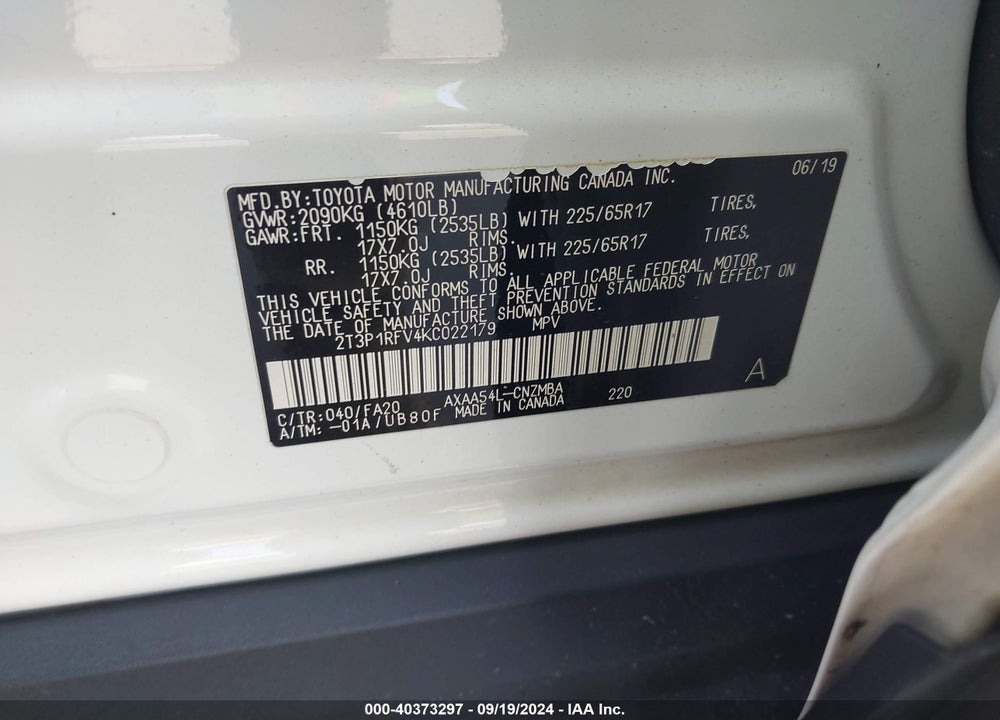 2019 TOYOTA RAV4 XLE VIN: 2T3P1RFV4KC022179