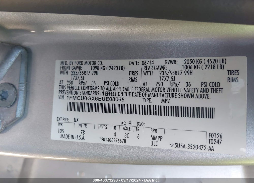 2014 FORD ESCAPE SE VIN: 1FMCU0GX6EUE08065