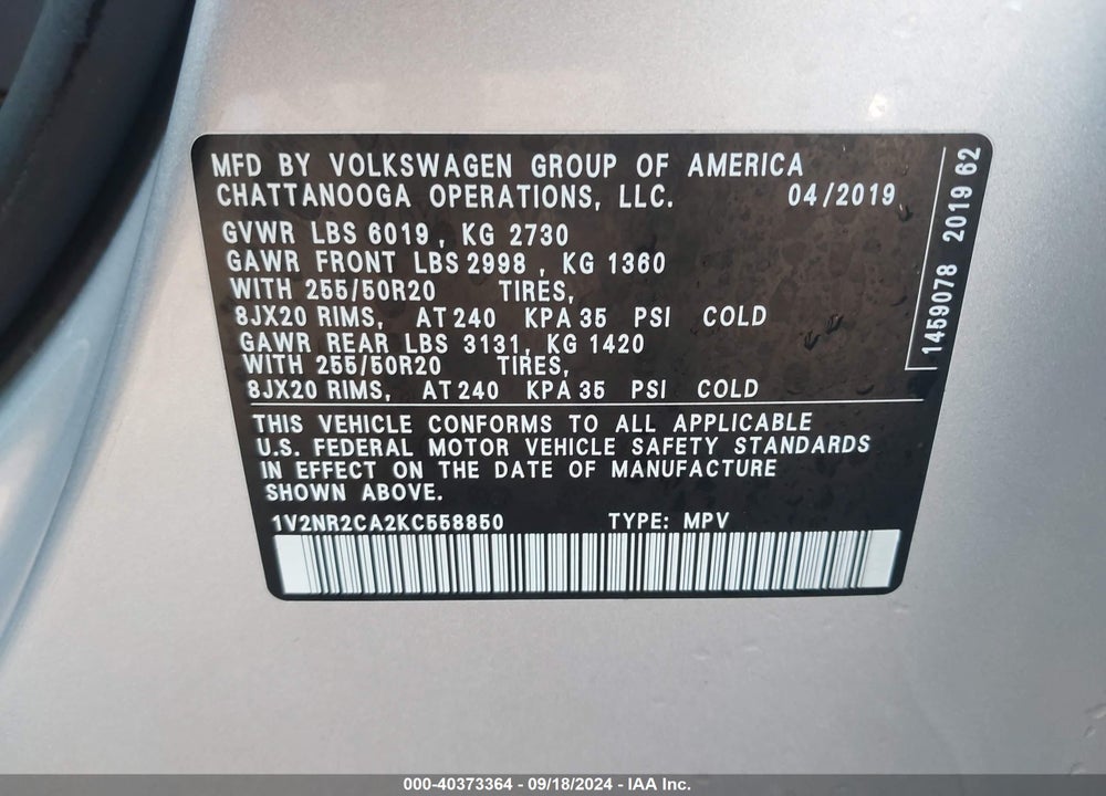 2019 VOLKSWAGEN ATLAS 3.6L V6 SEL PREMIUM VIN: 1V2NR2CA2KC558850