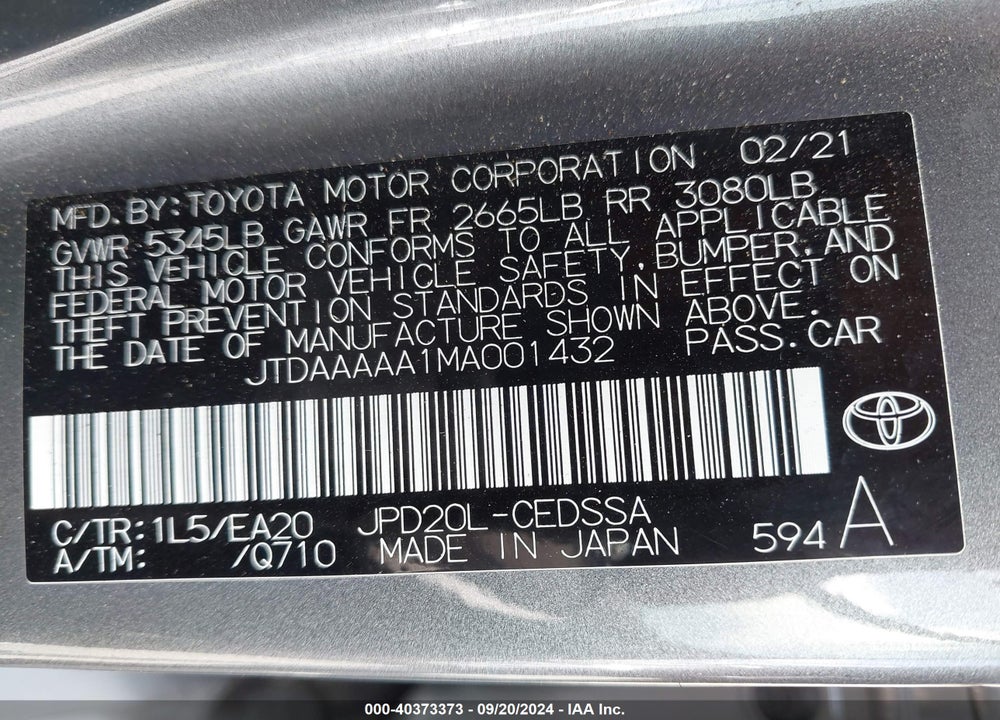 2021 TOYOTA MIRAI XLE VIN: JTDAAAAA1MA001432