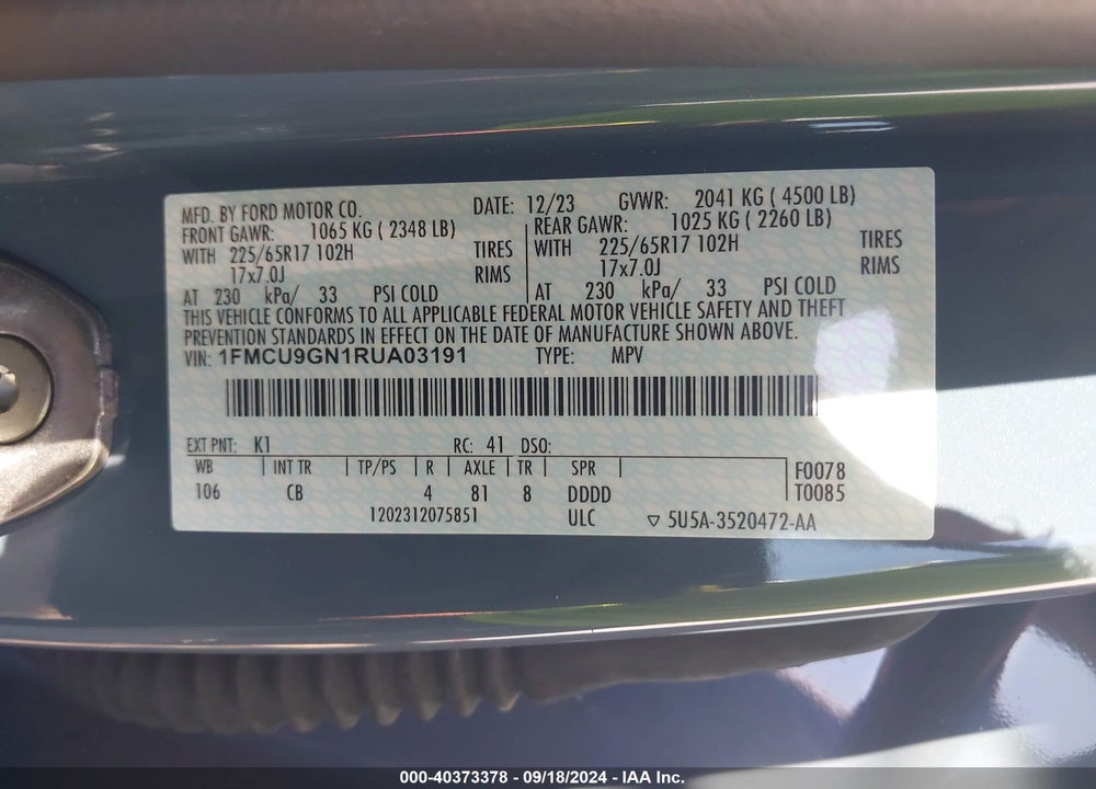 2024 FORD ESCAPE ACTIVE VIN: 1FMCU9GN1RUA03191