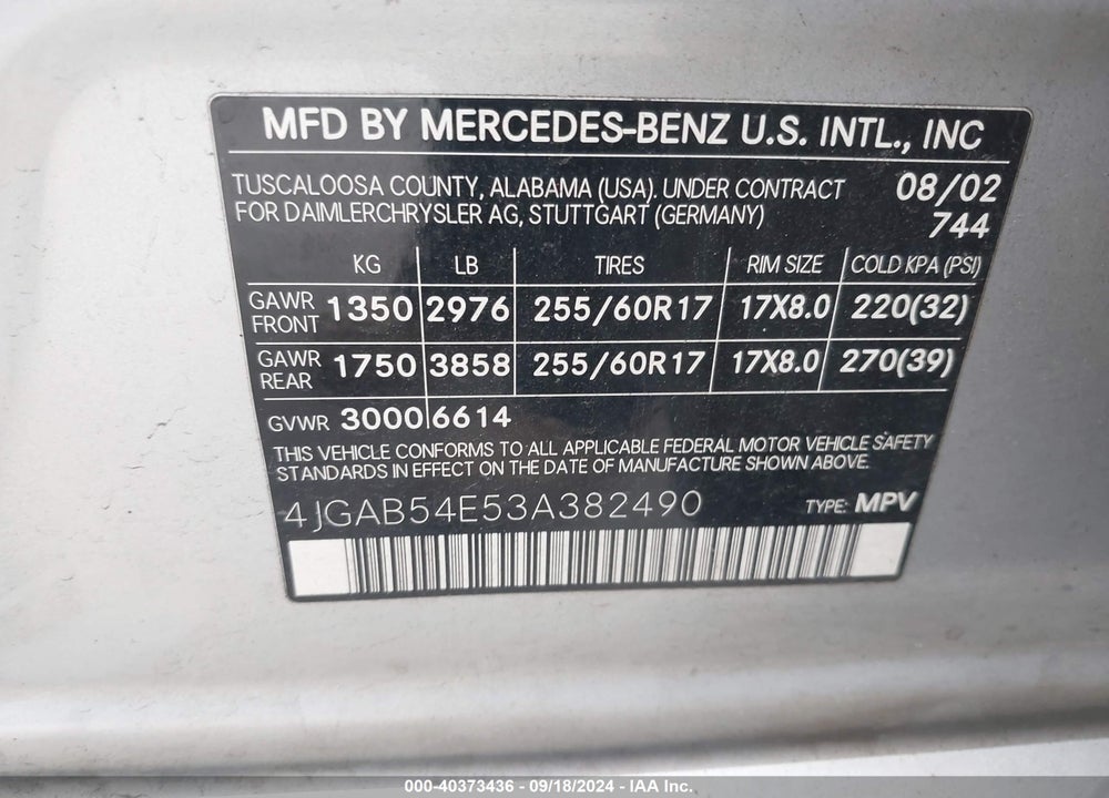 2003 MERCEDES-BENZ ML 320 VIN: 4JGAB54E53A382490