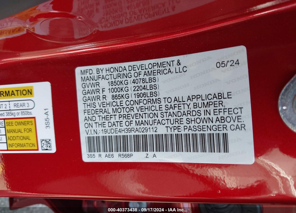 2024 ACURA INTEGRA A-SPEC VIN: 19UDE4H39RA029112