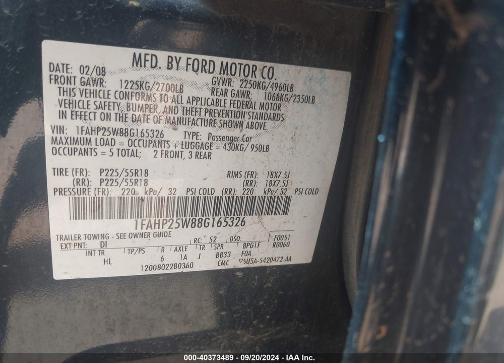 2008 FORD TAURUS LIMITED VIN: 1FAHP25W88G165326
