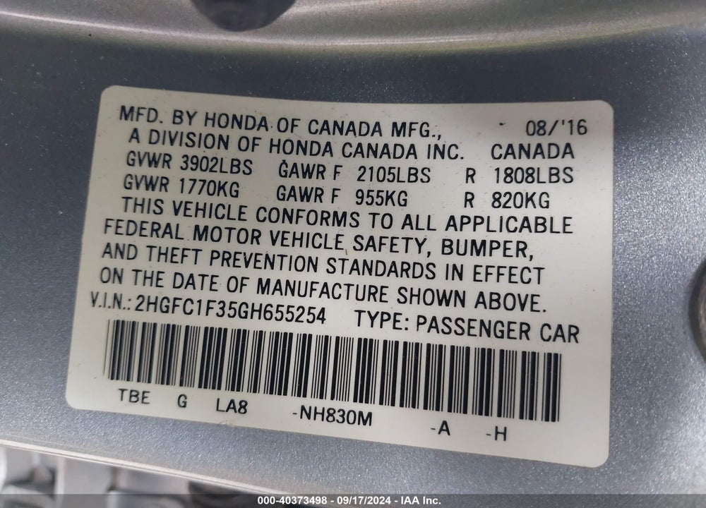 2016 HONDA CIVIC EX-T VIN: 2HGFC1F35GH655254
