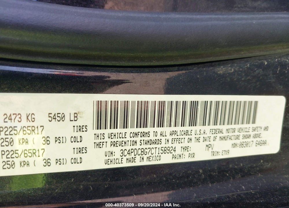 2012 DODGE JOURNEY SXT VIN: 3C4PDCBG7CT158924