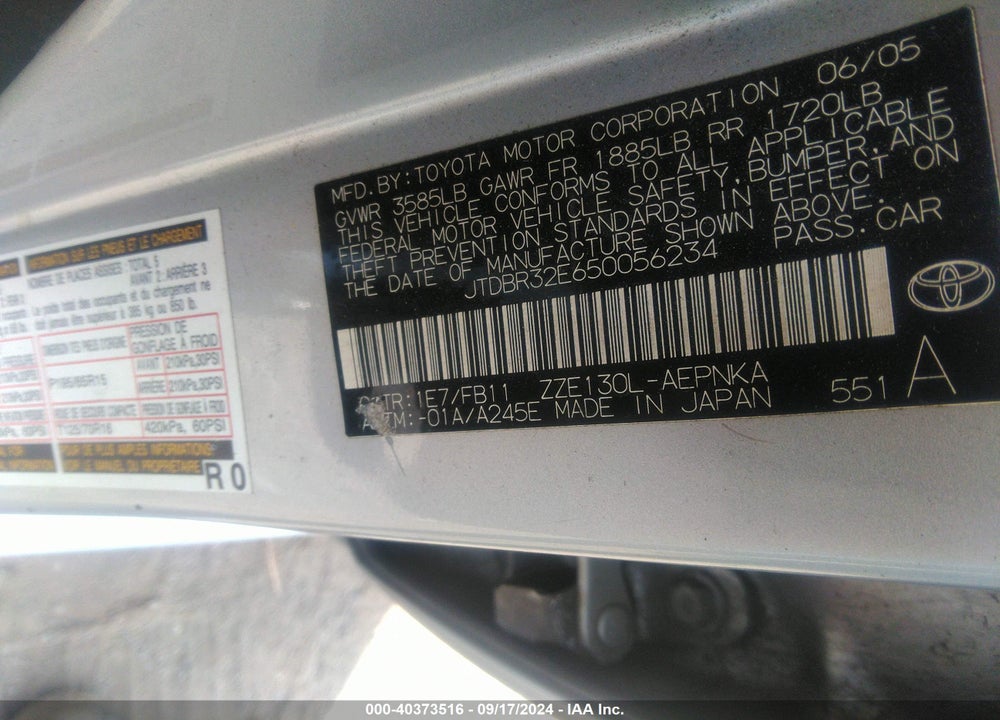 2005 TOYOTA COROLLA LE VIN: JTDBR32E650056234