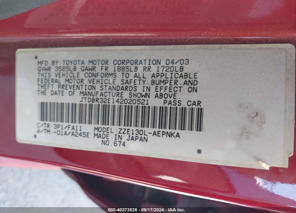 2004 TOYOTA COROLLA LE VIN: JTDBR32E142020521