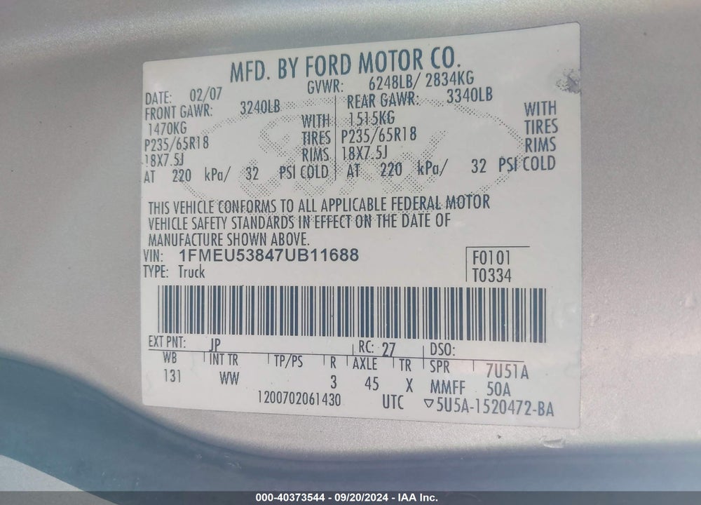 2007 FORD EXPLORER SPORT TRAC LIMITED VIN: 1FMEU53847UB11688