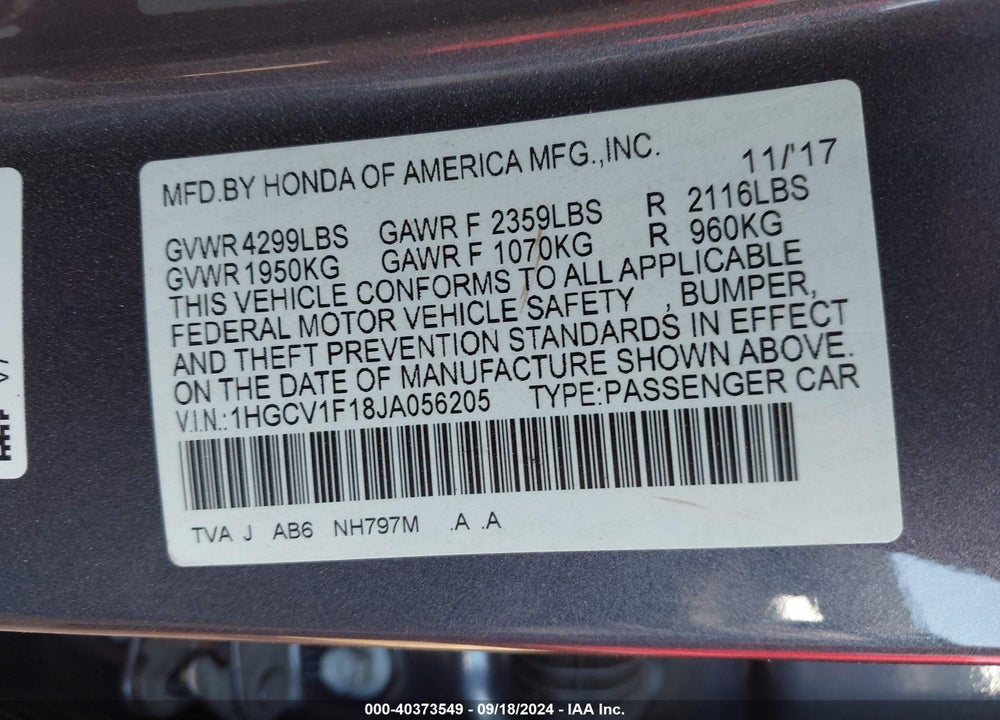 2018 HONDA ACCORD LX VIN: 1HGCV1F18JA056205
