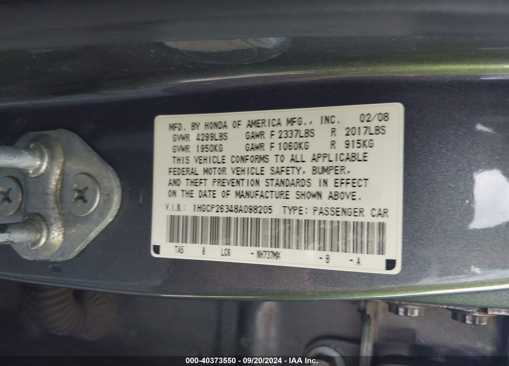 2008 HONDA ACCORD 2.4 LX VIN: 1HGCP26348A098205