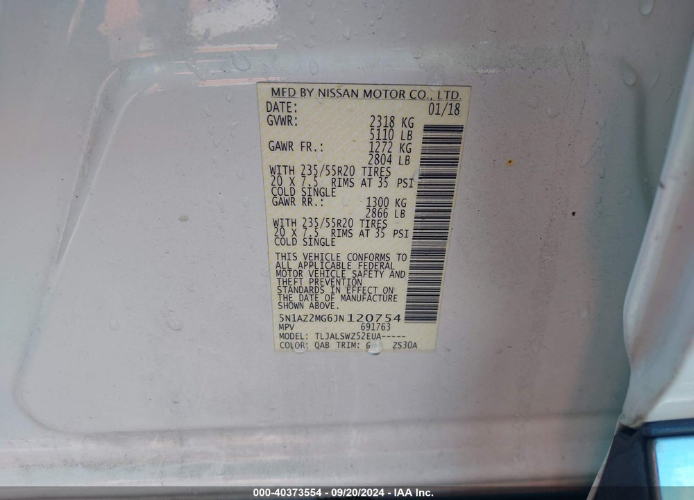 2018 NISSAN MURANO PLATINUM VIN: 5N1AZ2MG6JN120754