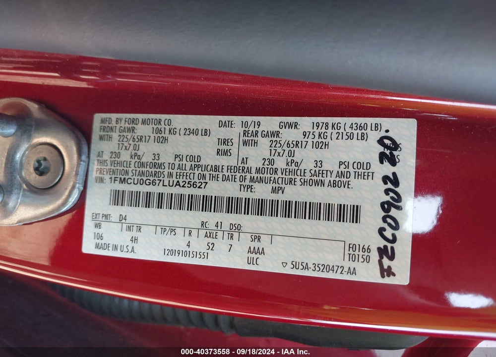 2020 FORD ESCAPE SE VIN: 1FMCU0G67LUA25627
