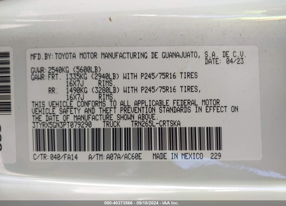2023 TOYOTA TACOMA SR VIN: 3TYRX5GN3PT079290