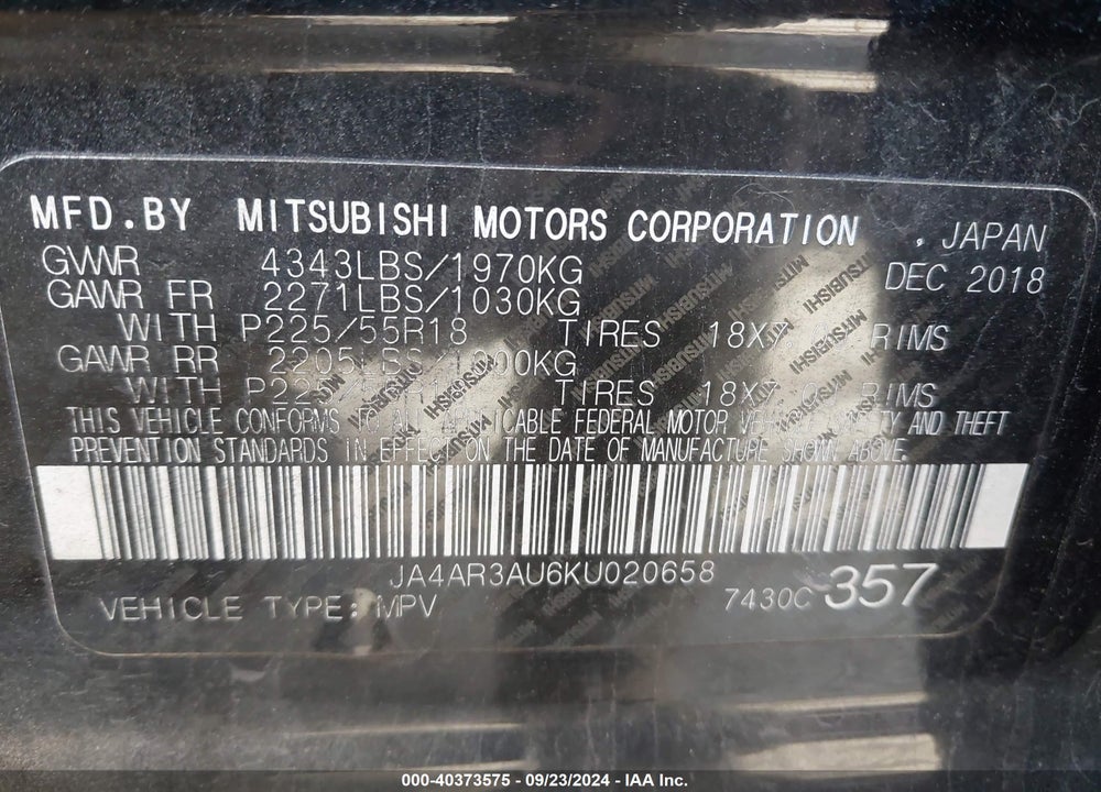 2019 MITSUBISHI OUTLANDER SPORT 2.0 SP VIN: JA4AR3AU6KU020658