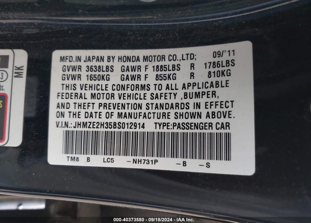 2011 HONDA INSIGHT VIN: JHMZE2H35BS012914