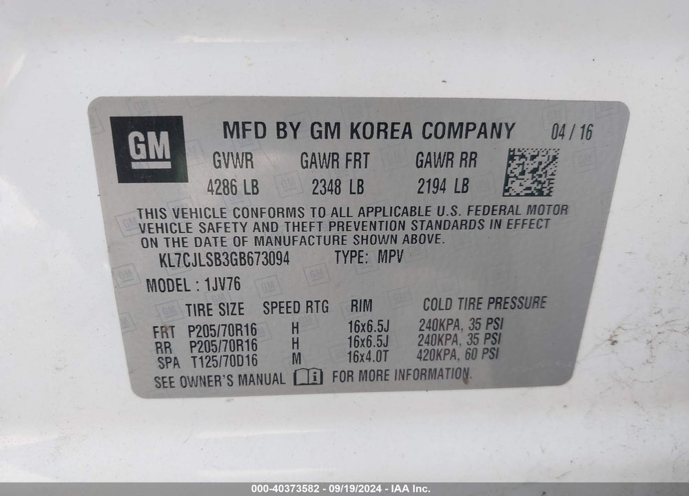2016 CHEVROLET TRAX LT VIN: KL7CJLSB3GB673094