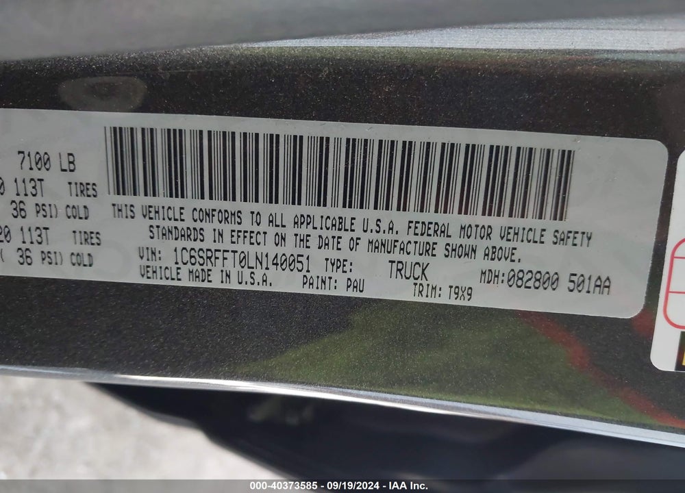 2020 RAM 1500 LONE STAR 4X4 5'7 BOX VIN: 1C6SRFFT0LN140051