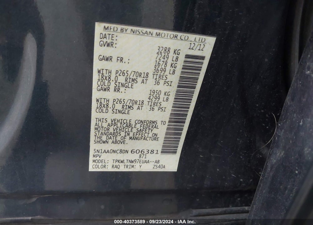 2013 NISSAN ARMADA SV VIN: 5N1AA0NC8DN606381