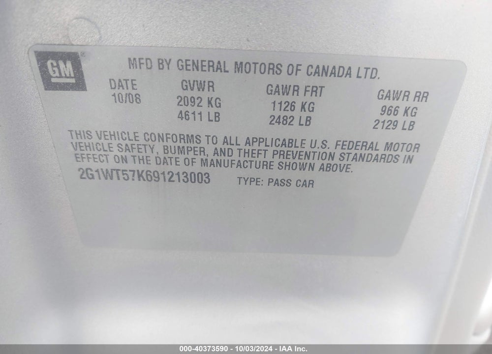 2009 CHEVROLET IMPALA LT VIN: 2G1WT57K691213003