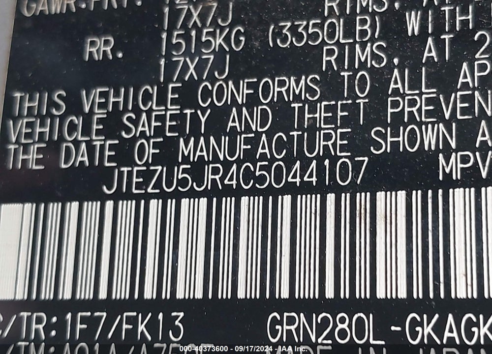 2012 TOYOTA 4RUNNER SR5 VIN: JTEZU5JR4C5044107