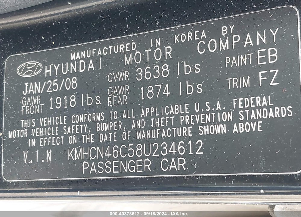 2008 HYUNDAI ACCENT GLS VIN: KMHCN46C58U234612