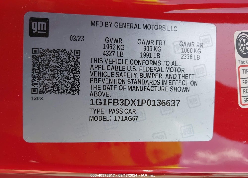 2023 CHEVROLET CAMARO 1LT VIN: 1G1FB3DX1P0136637
