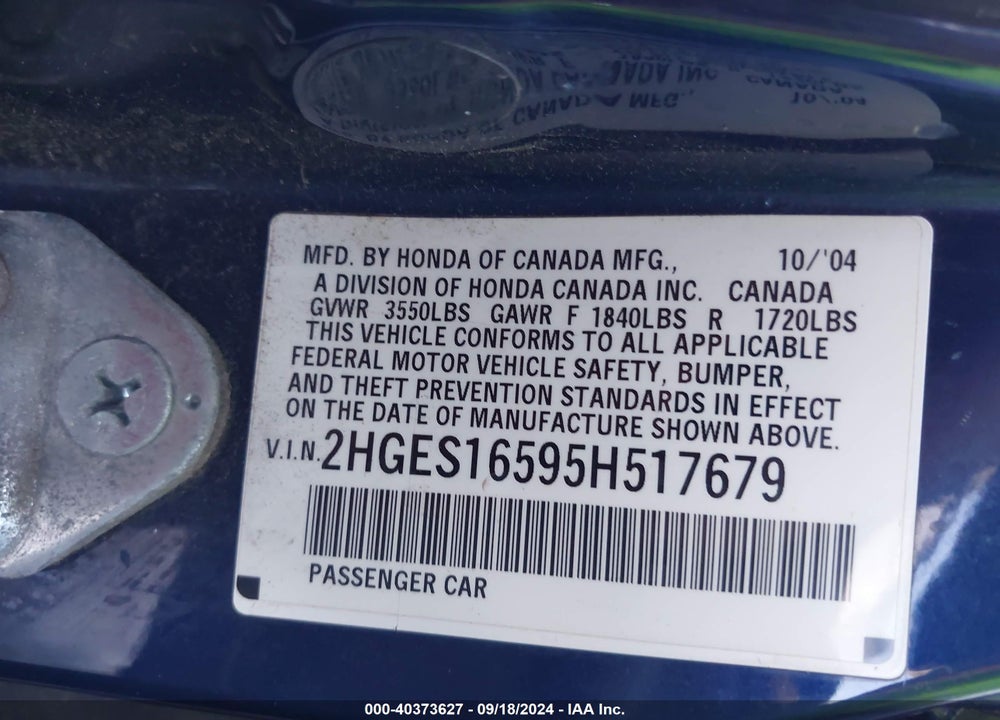 2005 HONDA CIVIC LX VIN: 2HGES16595H517679