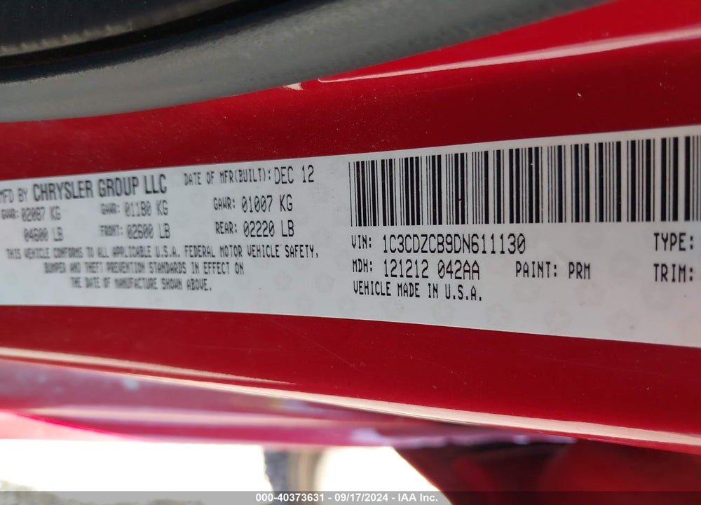 2013 DODGE AVENGER SXT VIN: 1C3CDZCB9DN611130
