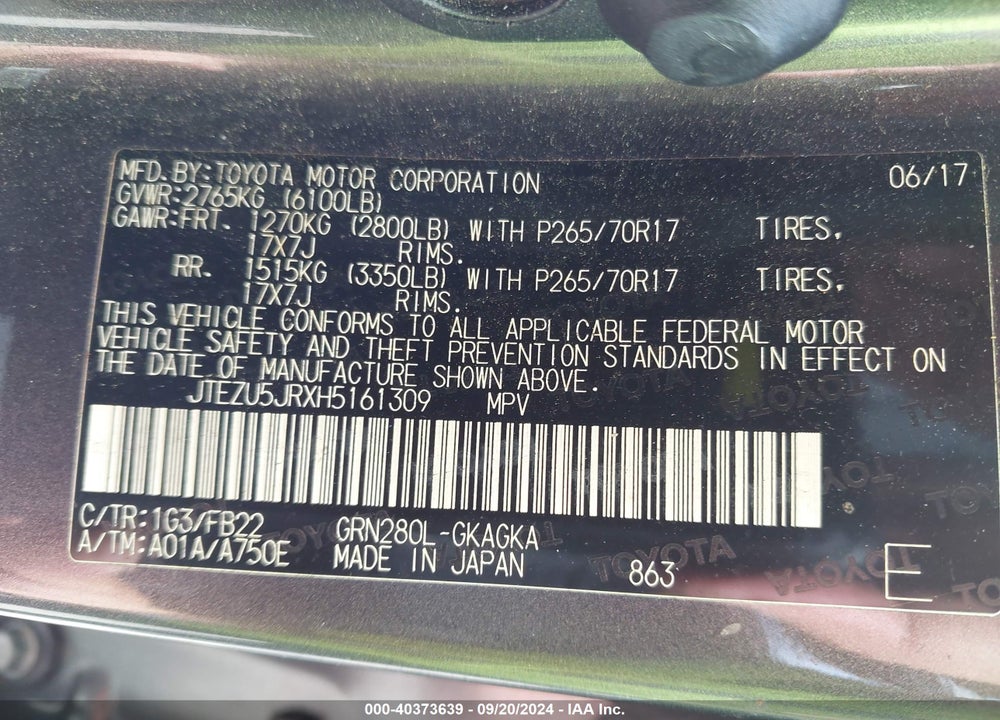 2017 TOYOTA 4RUNNER SR5 VIN: JTEZU5JRXH5161309