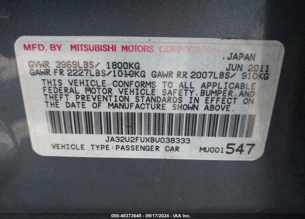 2011 MITSUBISHI LANCER ES VIN: JA32U2FUXBU038333