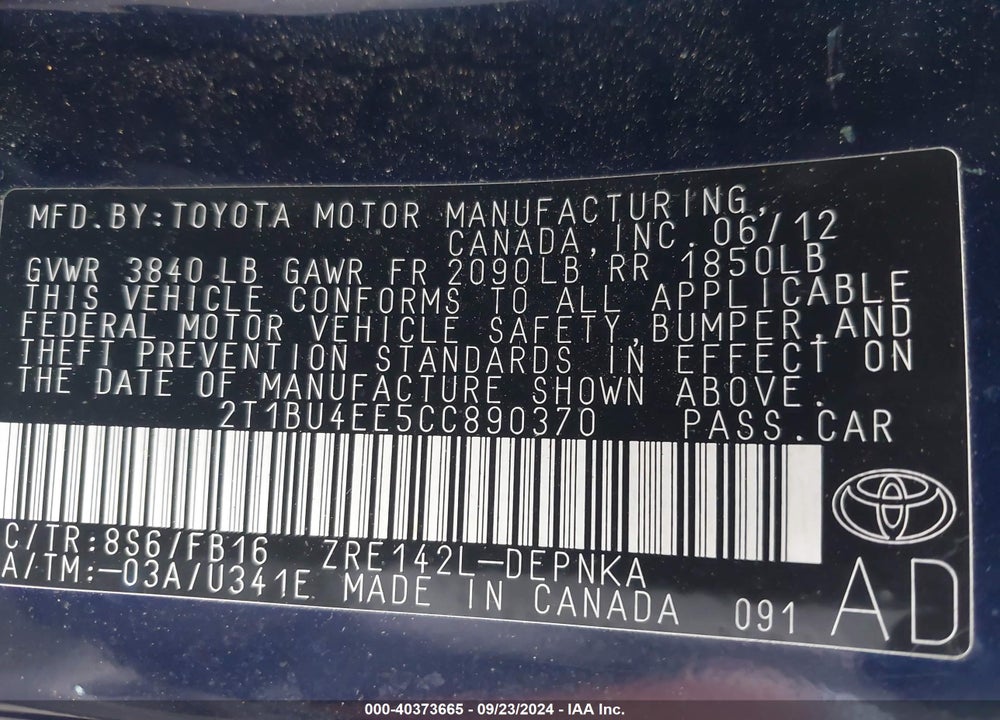 2012 TOYOTA COROLLA LE VIN: 2T1BU4EE5CC890370
