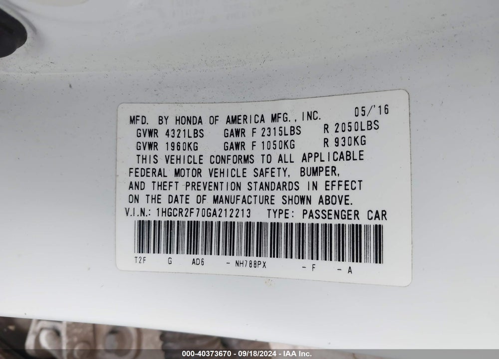 2016 HONDA ACCORD EX VIN: 1HGCR2F70GA212213