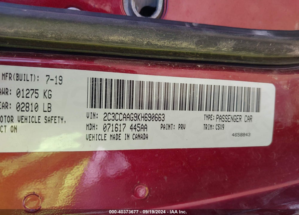 2019 CHRYSLER 300 TOURING VIN: 2C3CCAAG9KH690663